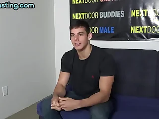 Only handsome stud with tattoo wanks cock on sling